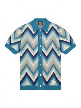 NEW WESC men's zig-zag short sleeve knit cardigan in teal